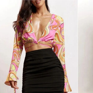 Meshki Tie Wrap Crop Top Printed Y2K Barbie Pink Size XS